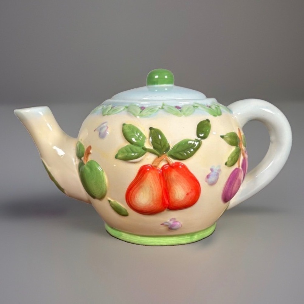 Alco Industries Ceramic Fruit Teapot Embossed Pears Strawberries Cream Blue Lid
